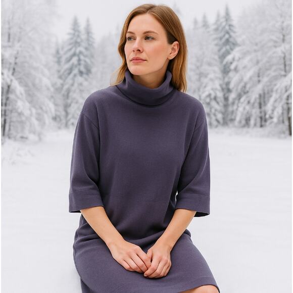 Eileen Fisher SZ M Extra Fine Merino Wool Sweater Dress Mock Neck Smoky Purple - Picture 2 of 7
